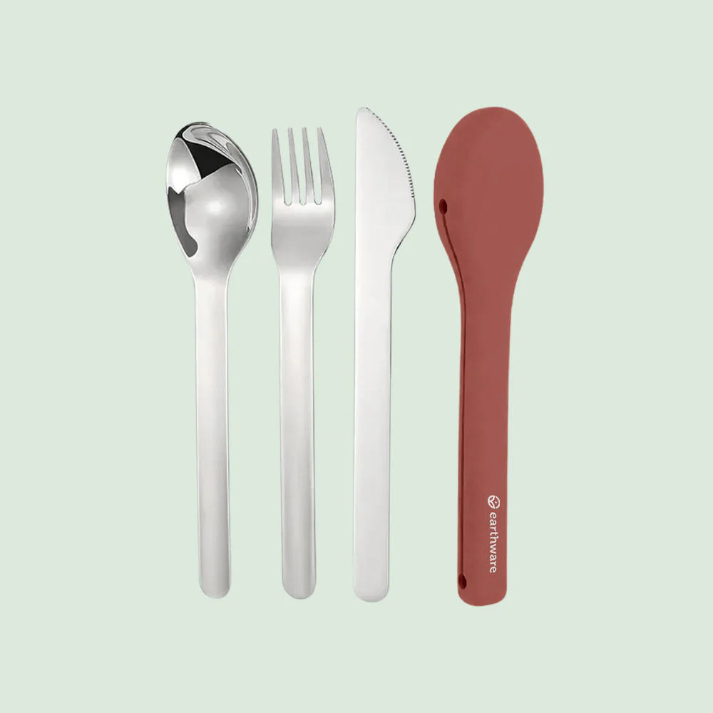 7CA8905A-7C77-217E-CB31-353BF0541059.webp Stainless Steel 3 Piece Reusable Cutlery Set with Protective Silicone Sleeve - Terracotta - Image 1